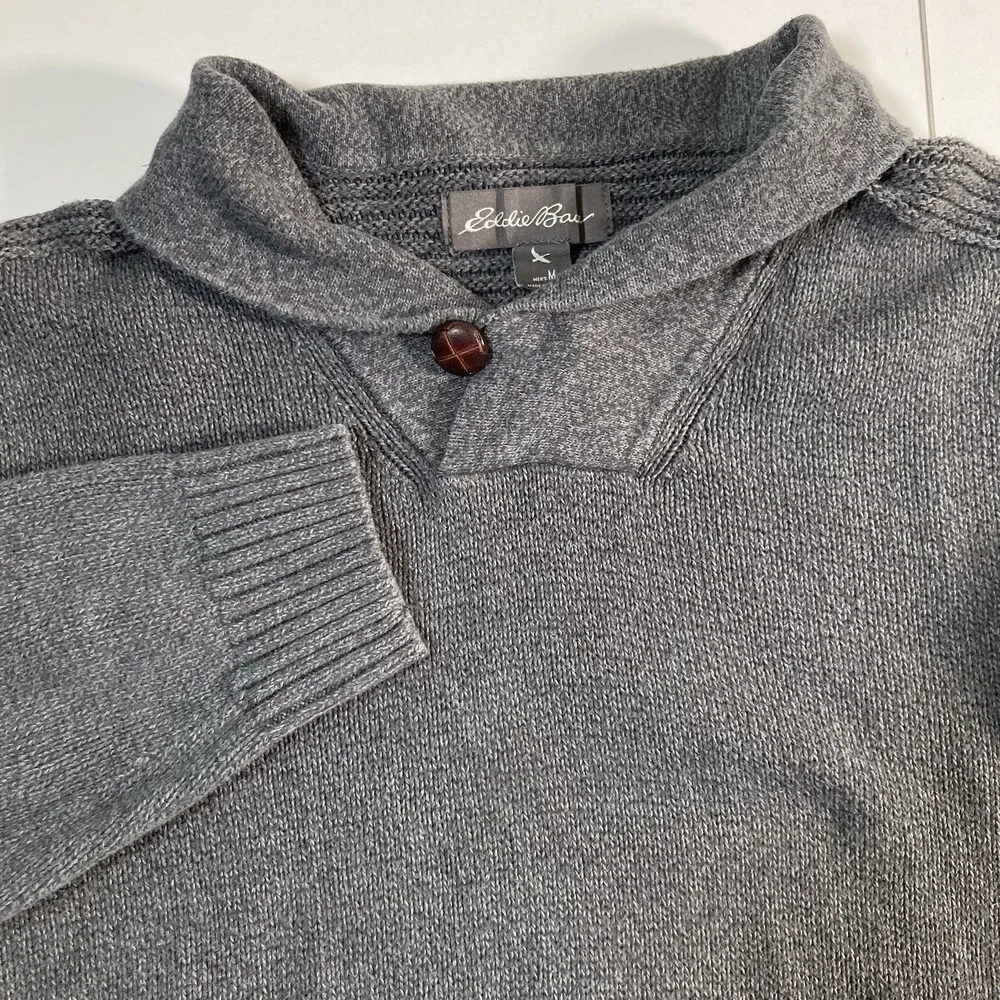 Eddie‎ Bauer Henley Sweater Medium Gray Knit Fisherman Y2K 90s Style